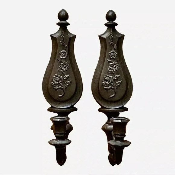 DART 14" Molded Plastic Candle Wall Sconces #4015 Wood Grain & Flowers 1960's - Picture 1 of 8